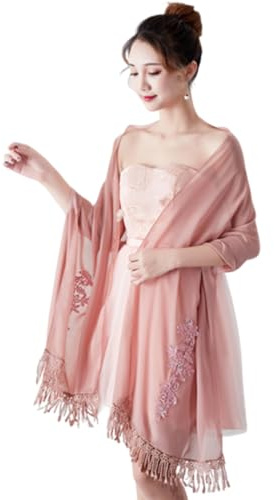 SamHeng Mujer Tul Chalees y Envolturas para Vestidos de Noche, Elegante Flor Bordada Rhinestone Bufanda Estola, Mantón de Boda Borla Chal Pashmina para Novia Damas de Honor Disfraz de Fiesta (Rosa)
