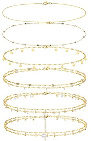 LOLIAS 6 Pezzi Catene Vita Placcate Oro 14K Catene Corpo Donna Catene Pancia a Strati Bikini per la Vita Spiaggia Estiva Perline Strass Occhi Malvagi Gioielli per il Corpo Oro Regolabili