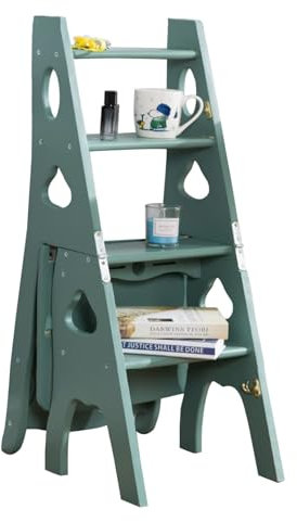 ZYJIX Scaletta in Legno A 4 Gradini Sgabello Sedia, Scaletta Pieghevole Sedia per Scale Libreria Multifunzione Salita Scaletta Sgabello Scaffale per Riporre Ed Esporre