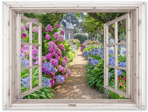 MuchoWow© Gartenposter 120x90 cm Outdoor Bilder Gartendeko für draußen Wetterfest Sichtschutz Garten Deko PVC Banner Draußen Bild Hortensie - Fensterblick - Blumen - Sommer
