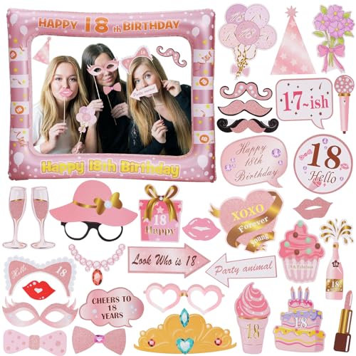 Accesorios para fotomatón de cumpleaños número 18, 33 piezas divertidas para fiestas de cumpleaños y marco inflable de oro rosa, decoraciones de fiesta de cumpleaños para mujeres y hombres
