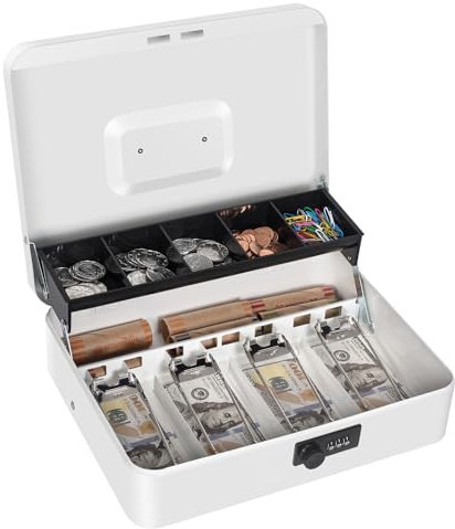 Geldkassette mit Zahlenschloss, Metall-Geldkassette für Registrierkasse, große Geldverschlussbox für Geldsichern 30 x 24 x 9 cm, Weiß