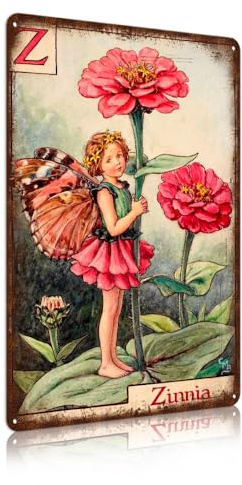 Flower Fairy Wall Decor Vintage Metal Tin Signs Fairy Garden Accessories - Zinnia
