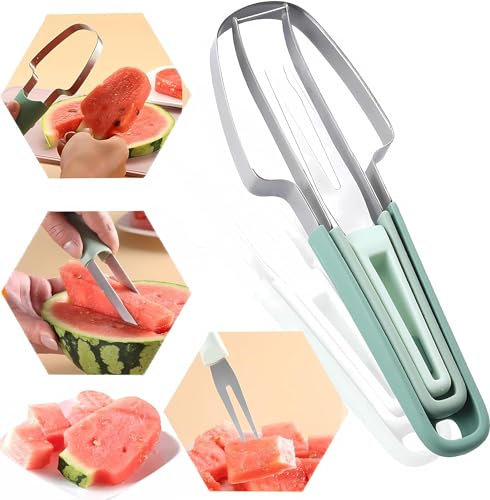 3-in-1 Wassermelonen Schneider, 2024 Neues Edelstahl Wassermelonen Gabelschneider, Melonenschneider Obstschneider, Melonenausstecher, Schnelles Wassermelonen Gabel Obstschneidewerkzeug (Grün)
