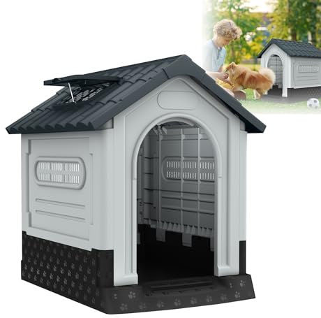 XMTECH Hundehütte Haustierhaus aus Kunststoff, Wasserdicht & UV-beständig, Hundehaus mit erhöhtem Boden/Lüftungsöffnungen/Oberlicht, Grau (L 65 x B 56.5 x H 67 cm)