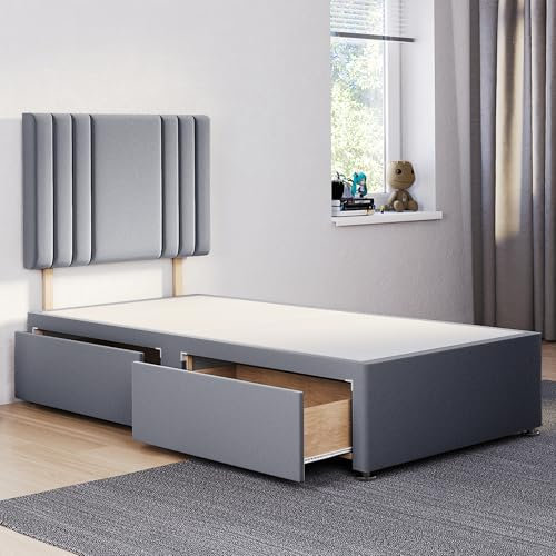 ComfoRest - Sophisticated 3FT Single Divan Bed with 2 Drawers & 24 Streak Headboard | Versatile Frame with Storage and a Sturdy Base for Modern Homes (Grey Plush)