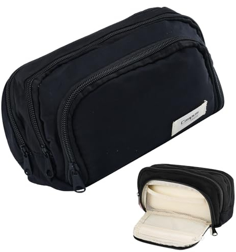 Black Expandable Pencil Case, Big Capacity with Compartments for Girls Boys