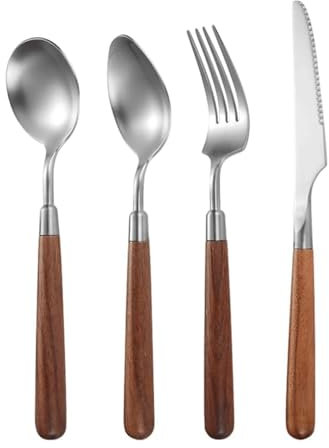 GLJTUO Ensemble De Couverts avec Manche en Bois en Acier Inoxydable 304, Couteau, Fourchette, Cuillère, 2/4 Pièces, Fourchettes De Table, Ensemble De Couverts De Luxe,Silver-4 Pcs