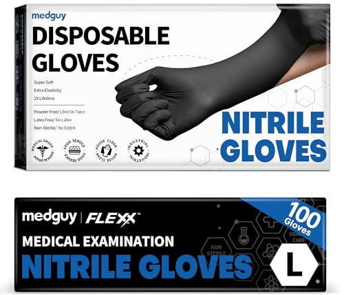 Medguy Black Nitrile Disposable Gloves, 4.5 Mil Powder-Free Latex-Free Food-Safe Glove for Exam, Tattoo, Food Prep, 100 Pcs (Large)