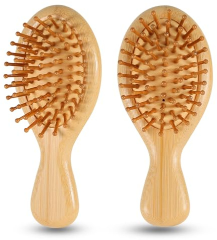 SIMPOR 2PCS Bamboo Hair Brush, Wood Travel Brush Mini Hairbrush for Women Massage Scalp Natural Paddle Pocket Bamboo Handle, Wood Bristle Detangling Brush for Hair Growth for All Hair Types