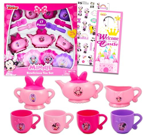 Juego de té de Minnie Mouse para niñas, paquete con 17 piezas de té de Minnie Mouse con tazas de té de Minnie, platillos y hervidor de té más calcomanías de Minnie Mouse | Juego de fiesta de té de