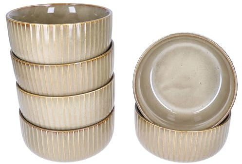 MamboCat Bistro 6er Set Bowl-Schalen | Ø 15 cm | 600 ml | Tiefe Steingutschalen in Braun mit Retro-Rillen | für Müsli, Suppe, Salat, Snacks