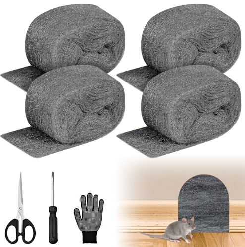 DazSpirit 4 pcs Steel Wool Mice, 3 m 0000 Fine Steel Wool for Rodent Control with Gloves, Scissors and Screwdriver, Wire Wool for Sealing Gaps, Cleaning, Polishing