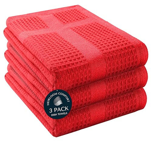 HEIRLOOM COMFORT 3 Pack Red Waffle Weave Kitchen Towels, 40x66 cm, 100% Cotton, Absorbent Dishcloth Set, Quick Drying, Durable for Cleaning, Wiping, Drying Dishes, Machine Washable Dish Towel, Red