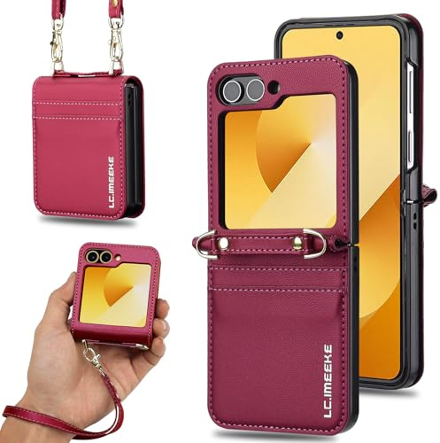 ZHOZEXIN Étui Portefeuille élégant en Cuir PU pour Samsung Galaxy Z Flip 5, avec Support, Fente pour Cartes, dragonne et bandoulière.（Rouge）