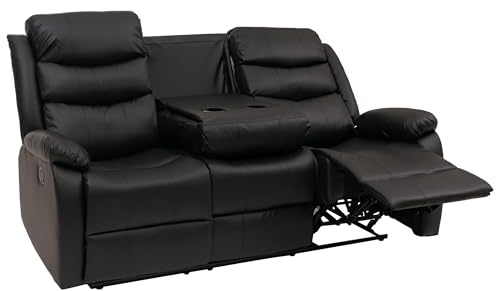Mendler HWC-O62 Silla de cine de 3 plazas con reposabrazos, portavasos, función reclinable, piel sintética, color negro