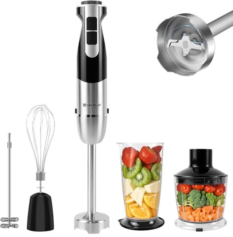 5-in-1 Hand Blender Stainless Steel 2 Blades System 1000W Powerful Stick Immersion Blender, 12 Adjustable Speed and Turbo Mode, with Breaker, Chopper, Egg Whisk, Milk Frother