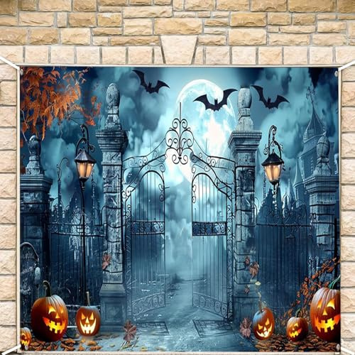 Decoraciones de Halloween al aire libre feliz Halloween cochera puerta decoración fondo calabaza noche luna fiesta banner cubierta porche jardín bandera titular (morado, 33 x 26 x 4.5 cm)