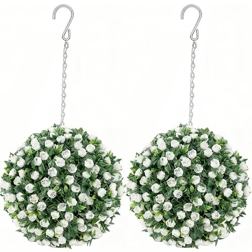 Christmas Artificial Hanging Plants, 28cm Artificial Leaf Hanging Ornaments, 2pack Garden Plant Decorative Balls for Indoor Outdoor Use, UV Fade Protected, Pre-Attached Chain with Hook, White Flower