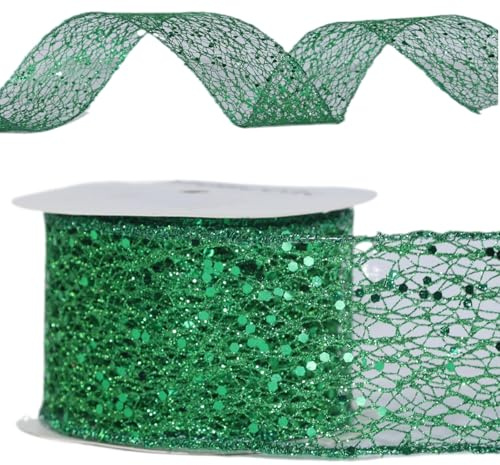 Dekoband Geschenkband mit Draht Weihnachten, Glitzer Schleifenband mit Drahtkante Grün, Weihnachtsband Breit 63mm, 9 Meter Lang, Bänder zum Basteln Dekorieren Geschenkverpackung