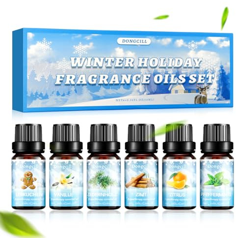 Oli Essenziali per Diffusori, Set di Oli Essenziali Invernali, Olii essenziali Naturali Puri, Set Regalo per Diffusori, Menta Piperita, Cinnamon, Vaniglia, Cedro, Agrumi, Pan di Zenzero