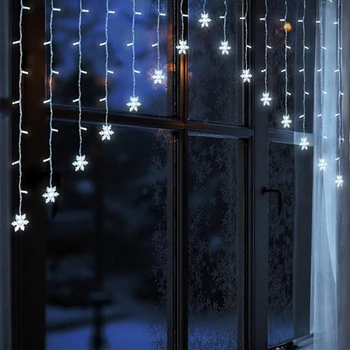 Schneeflocken Lichtervorhang kalt weiß 71 LED 140x95cm Batteriebetrieb | Für Innen, Weihnachten Deko, Fensterdeko, Advent Winter Dekobeleuchtung