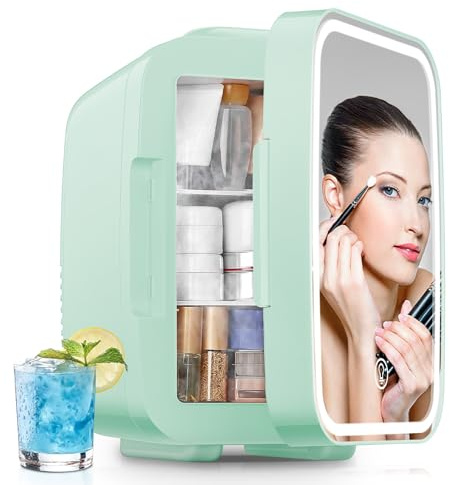 FOHERE Mini Fridge for Bedrooms, 5L/6 Can Portable Skincare Fridge | Dimmable LED Light Mirror, Cooler & Warmer for Food, Drinks and Cosmetic (Green) [Energy Class E]