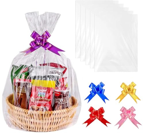 5Pcs Papier Transparent Emballage,Papier Cellophane avec 5 Nœud, 75 x 100 cm Panier Cadeau Film Cristal,Papier Cadeau Transparent, Cellophane Emballage,pour Fleurs, Artisanat, Bonbons,Paniers Cadeaux