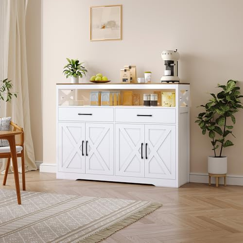 BestAlice Köksskåp, skänk med 2 lådor och 2 dörrar, förvaringsskåp, bufféskåp med dörrar, lantlig stil, köksbuffé köksö för vardagsrum, kök, hall (vit, 140 x 40 x 105 cm)