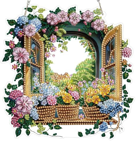 KEYIFA 5D Blumen Fensterbild Diamond Painting Fensterbilder Erwachsene, DIY Diamond Painting Beidseitig Anhänger, Hängende Art Window Pictures Kit für Wohndeko Gift 20x20cm