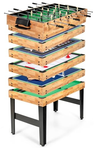 HOMASIS 10 in 1 Spieltisch, Multi Tischspiel Set mit Tischfußball, Hockey, Bowling, Tischtennis, Billard, Shuffleboard, Dame Poker Schach Backgammon, Multifunktionstisch für Kinder, Erwachsene (Natur)