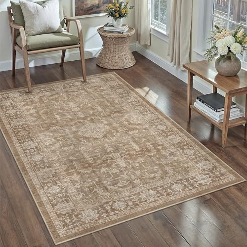 PureCozy Braun Teppich Wohnzimmer 120x170cm Waschbarer Vintage Teppiche