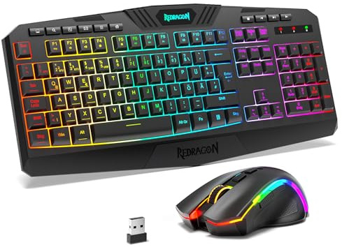 Redragon S101M-KS Kabelloses Gaming Tastatur und Maus mit Tri-Modi, QWERTZ DE Layout, Wiederaufladbarer 4000mAh Akku, RGB Tastatur und 4800 DPI Gaming Maus für Wins, PC, Computer