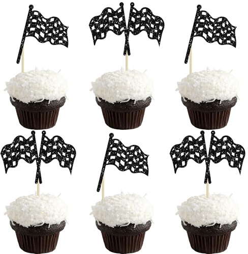 Ephlyn 30Pcs Racing Flag Cupcake Toppers Double Sided Black Race Car Finish Line Checkered Flag Cupcake Picks Race Car Flag Party Decorations for Birthday Party Supplies