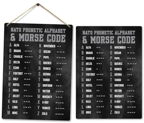 Metal Sign Plaque | NATO Phonetic Alphabet & Morse Code Chart | Educational Reference Display | Hanging Twine or Adhesive Pads