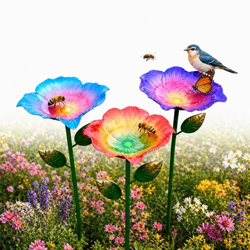 Abreuvoir Abeilles Jardin, 15cm Grand Abreuvoir à Abeilles Métal en Forme de Fleur avec Tuteur, Station d'eau pour Abeilles, Insectes & Papillons, Décoration de Jardin Extérieur (3 pièces)