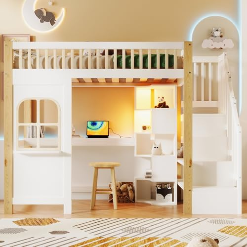 Ojjxh Etagenbett Hochbett 90x200 cm, Kinderbett Einzelbett mit LED und Treppenschrank, Fensterform Holzbett Jugendbett mit Offenem Staufach, Schreibtisch, Steckdose, Lattenroste, Weiß, ohne Matratze