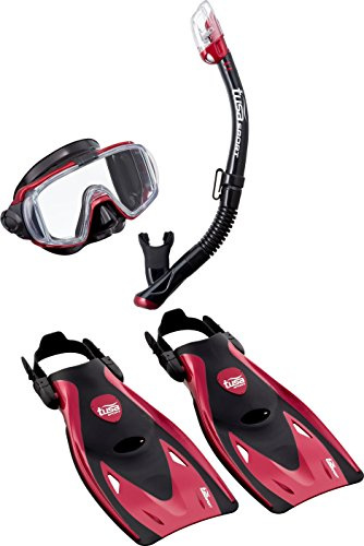 Schnorchelset Tusa Visio Travel - Taucherbrille Tauchmaske Trockenschnorchel Flossen Tasche Erwachsene (L (40-46+), Rot)