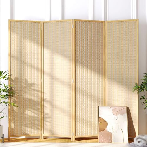 JOSTYLE Room Divider 4 Panel Folding Privacy Screen, Bamboo Room Divider Screen - 6 ft. Tall Wall Divider for Room Separation Freestanding Partition Separators, Beige, 70.9 H x 79.9 W