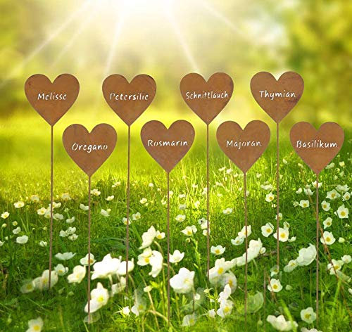 LB H&F 8 Stück Topfstecker Kräuterstecker Roststecker Set - 28 cm groß - Pflanzstecker Kräuterschilder Kräuter Rosmarin Basilikum Schnittlauch etc (Rost - Herz)