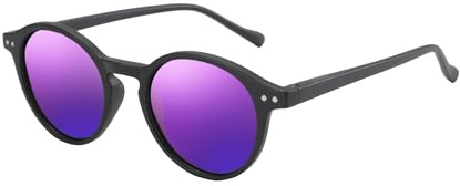 ZENOTTIC Sonnenbrille Polarisiert Rund Retro Klassisch UV 400 Schutz Vintage Rahmen f¨¹r Herren Damen ¡ (SCHWARZ + LILA Spiegel)