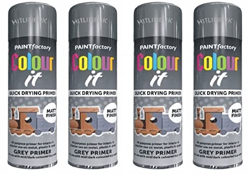 HitlineUK 4 x COLOUR-IT PRIMER GREY MATT SPRAY PAINT PLASTIC METAL WOOD 250ML