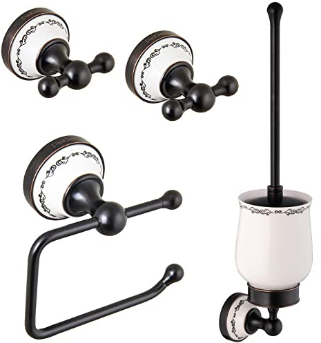 PaulGurkes schwarzes Bad Zubehör Retro Accessoires mit Bordüre Set Haken WC-Bürste WC-Papierhalter Vintage Handtuchhaken Klobürste Klopapierhalter schwarz Kupferoptik Kupferelemente Handtuchhalter