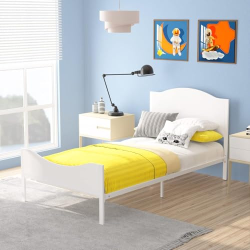 Timy Kids Twin Bed Frame with Wooden Headboard and Footboard, Metal Platform Bed Frame for Boys Girls Teens Adults, Modern Kids Furniture, No Box Spring Needed, White