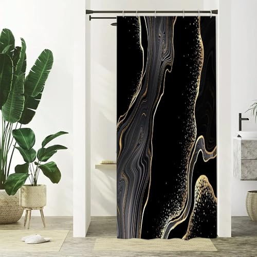 Uiiooazy Duschvorhang Schwarz Gold, Duschvorhang Schmal 90x180cm Anti Schimmel Marmor Optik Abstrakt Grau Marmoriert Modern Duschvorhänge Stoff Waschbar Wasserdicht Polyester Bad Vorhang mit 6 Haken