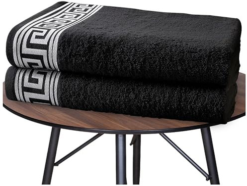 GC GAVENO CAVAILIA Greek Bath Sheet Set of 2 Bathroom Towel Set, 100% Egyptian Cotton Bath Towels, 500 GSM Jumbo Towels, Quick Dry Designer Towels, 80x170 CM, Black