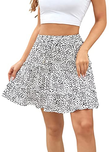 Vcindai Jupe d'été courte pour femme - Mini jupe bohème - Jupe fleurie d'été, Blanc B, M