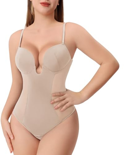 Slimers Tanga Moldeadora para Mujer, Fajas para Abdomen, Control de Abdomen, Espalda Baja, Escote en U, Espalda Descubierta, Brasier Moldeador de Cuerpo con Entrepierna Abierta, Beige, M