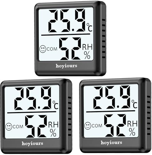 Thermometer Hygrometer Innen hoyiours Digitales Thermo-Hygrometer mit großem LCD Bildschirm, Smiley Indikator, 3s Schnell Refresh, Mini Luftfeuchtigkeit Monitor für Büro Schule Gewächshaus 3er schwarz