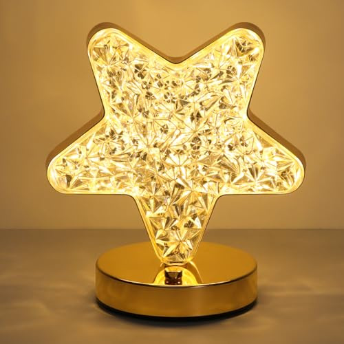 Lewondr Lámpara de Mesa de Estrella, Lámpara Táctil Led con Regulación Continua, 3 Modos de Colores Regulable, Luz de Noche Recargable con Puerto USB, Lámpara de Cabecera de Cristal Moderna Mesilla